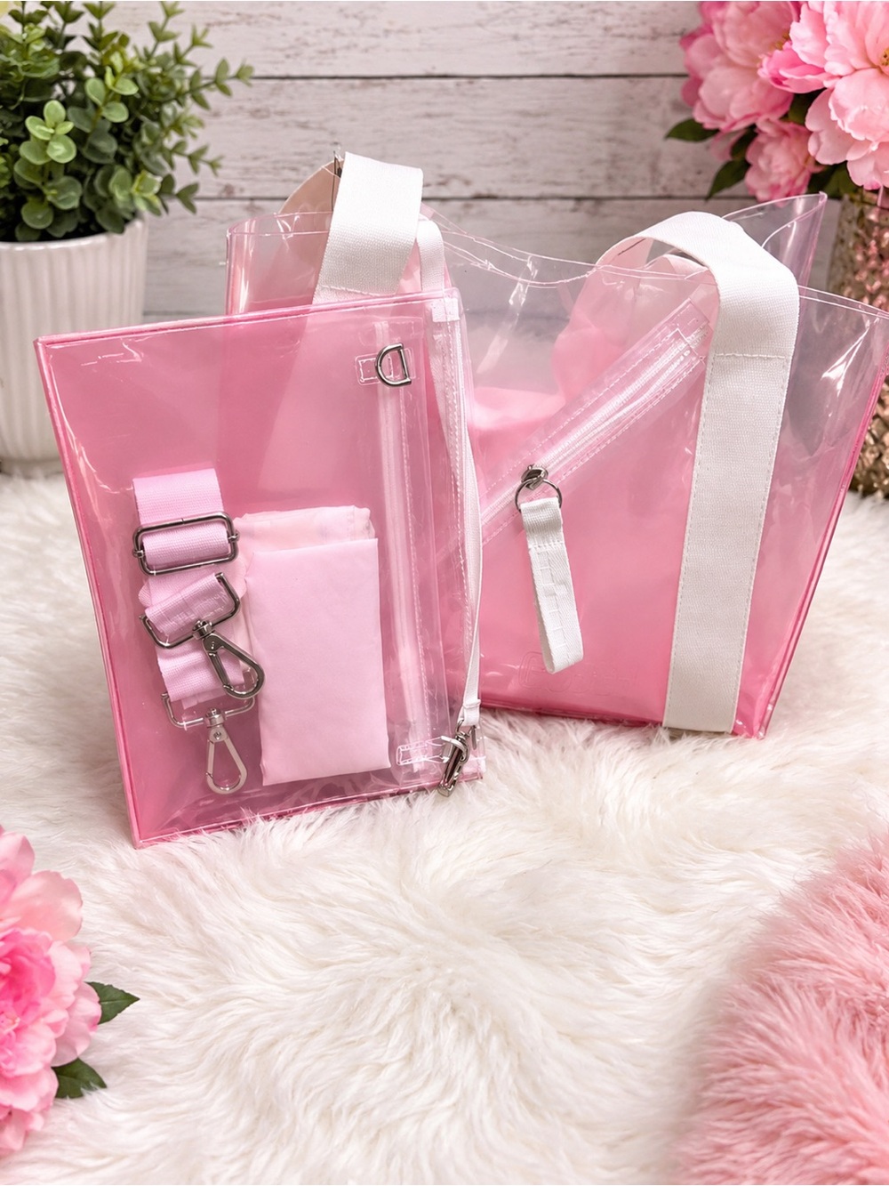 Clear Pink Tote Bag with Removable Pink Pouch